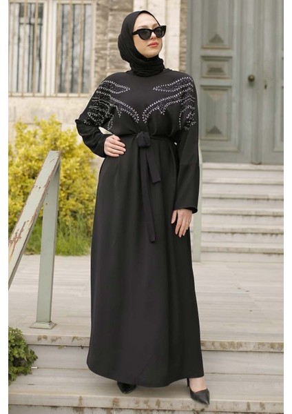 - Boncuk Işlemeli Siyah Tesettür Elbise 32290S