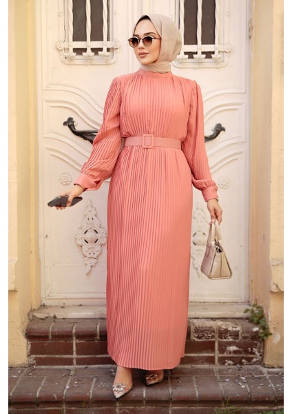 - Pileli Somon Tesettür Elbise 3369SMN