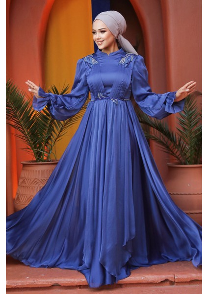 Balon Kol İndigo Mavisi Tesettür Abiye Elbise 21910IM
