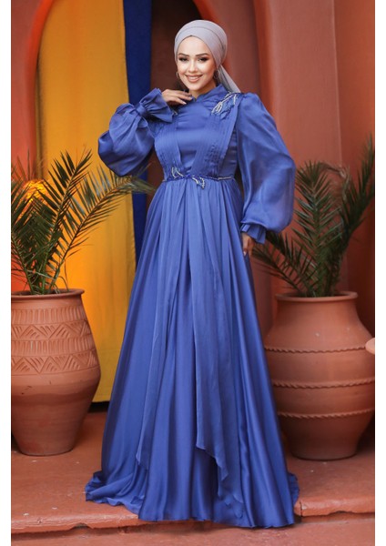 Balon Kol İndigo Mavisi Tesettür Abiye Elbise 21910IM modelleri