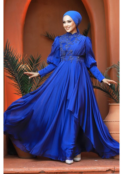 Tesettürlü Abiye Elbise - Inci Detaylı Indigo Tesettür Abiye Elbise 21930IM