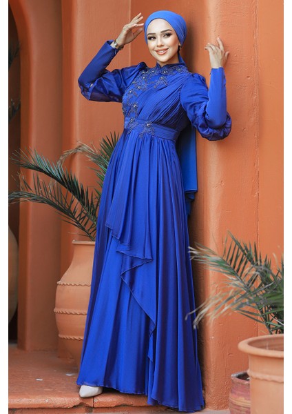 Tesettürlü Abiye Elbise - Inci Detaylı Indigo Tesettür Abiye Elbise 21930IM fiyatları