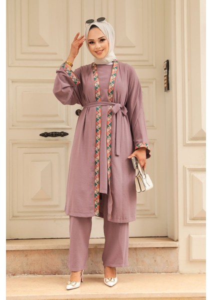 - Kimono Koyu Lila Tesettür Üçlü Takım 51910KLILA