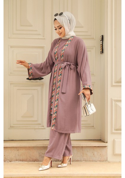 - Kimono Koyu Lila Tesettür Üçlü Takım 51910KLILA fiyatları