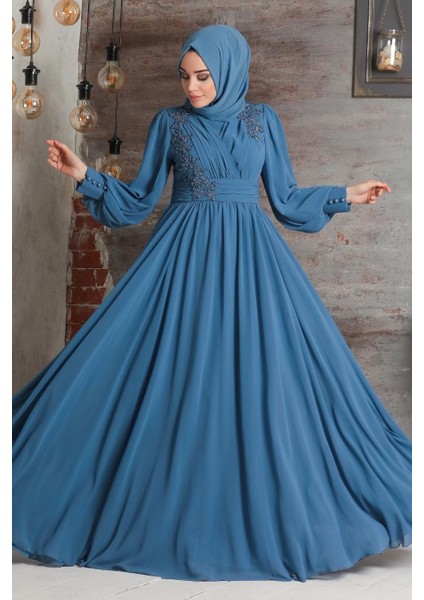 Tesettürlü Abiye Elbise - Dantelli Mavi Tesettür Abiye Elbise 21940M