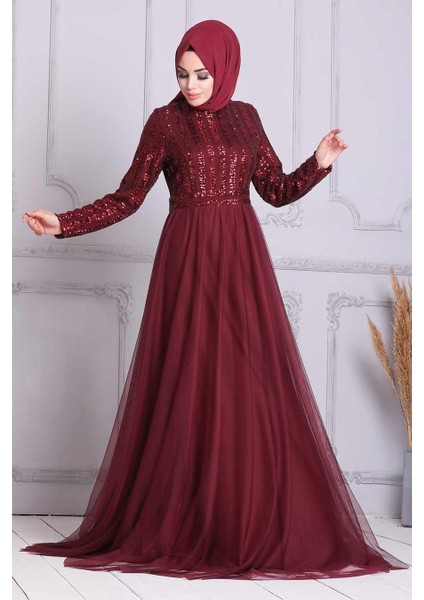 Tesettürlü Abiye Elbise - Pul Payetli Bordo Tesettür Abiye Elbise 5338BR