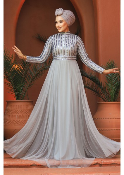 Tesettürlü Abiye Elbise - Pul Payetli Gri Tesettür Abiye Elbise 5338GR