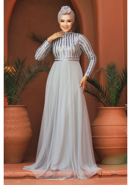 Tesettürlü Abiye Elbise - Pul Payetli Gri Tesettür Abiye Elbise 5338GR modelleri