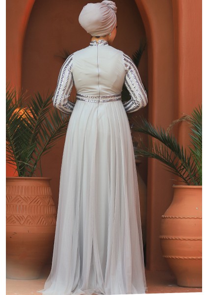 Tesettürlü Abiye Elbise - Pul Payetli Gri Tesettür Abiye Elbise 5338GR fırsatları