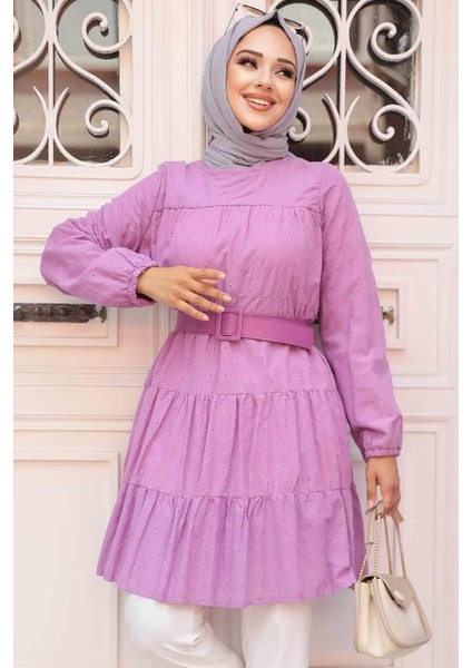 - Tokalı Kemerli Lila Tesettür Tunik 2193LILA