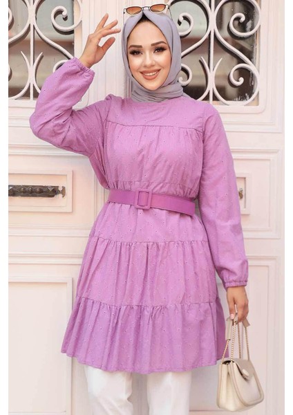 - Tokalı Kemerli Lila Tesettür Tunik 2193LILA fiyatları
