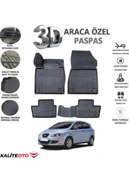Seat Toledo 2004-2007 Model Arası Tam Uyumlu Kokusuz 3D Havuzlu Paspas