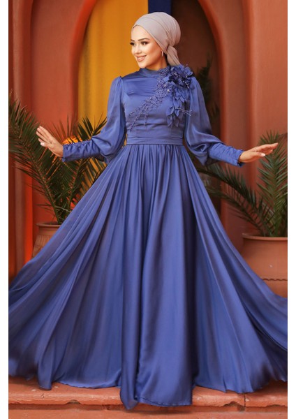 Tesettürlü Abiye Elbise - Çiçek Detaylı Saks Tesettür Abiye Elbise 21960SX