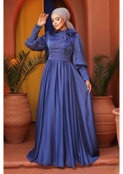 Tesettürlü Abiye Elbise - Çiçek Detaylı Saks Tesettür Abiye Elbise 21960SX fiyatları