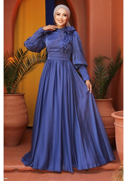 Tesettürlü Abiye Elbise - Çiçek Detaylı Saks Tesettür Abiye Elbise 21960SX modelleri