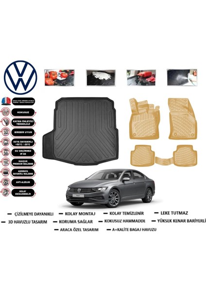 Volkswagen Passat B8 Impression 2017 Model Bagaj Havuzu(Paspası)+Araca Özel Bej Paspas Takımı Flex
