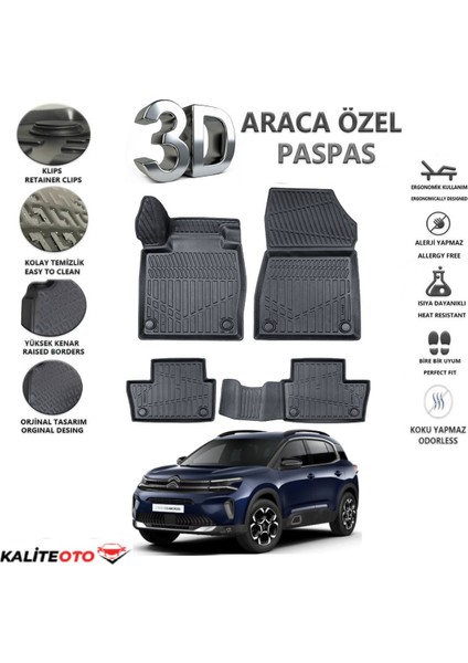 Citroen C5 Aircross 2017 Model Tam Uyumlu Kokusuz 3D Havuzlu Paspas