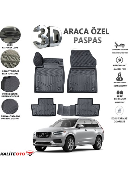 Volvo XC90 2024 Model Tam Uyumlu Kokusuz 3D Havuzlu Paspas