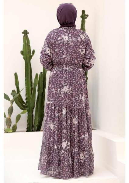 - Yakası Bağcıklı Mor Tesettür Elbise 2327MOR fiyatları