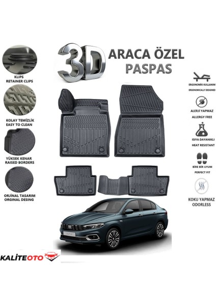Fiat Egea Sedan 2021 Model Tam Uyumlu Kokusuz 3D Havuzlu Paspas