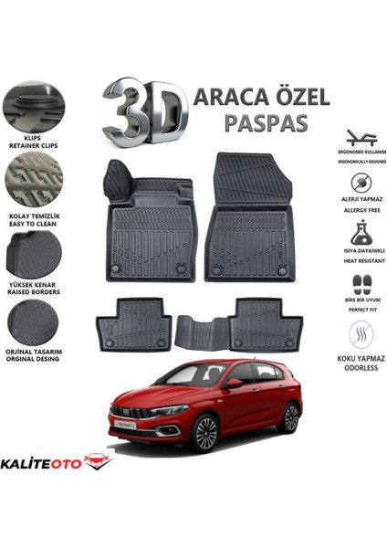 Fiat Egea Hatchback 2023 Model Tam Uyumlu Kokusuz 3D Havuzlu Paspas