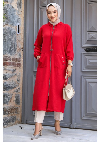 - Kapşonlu Kırmızı Tesettür Kap 511K fiyatları