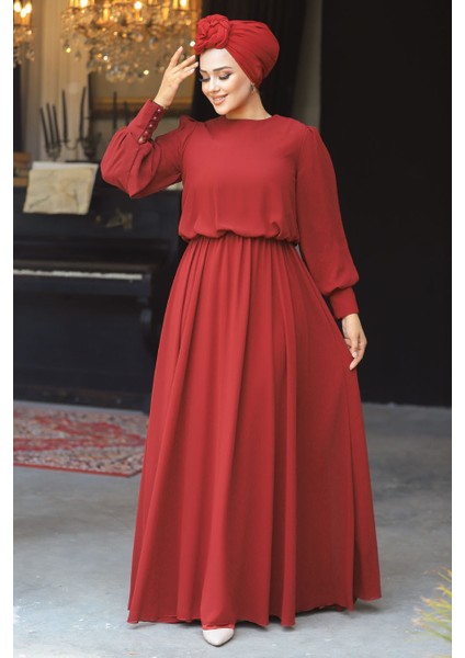 Tesettürlü Abiye Elbise - Kolları Dantelli Bordo Tesettür Abiye Elbise 54030BR