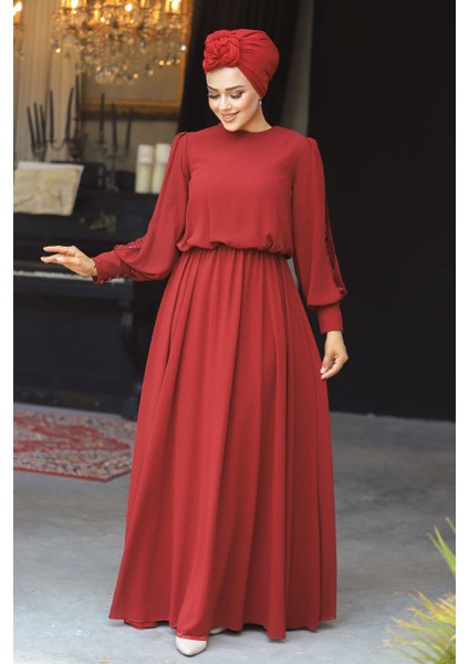 Tesettürlü Abiye Elbise - Kolları Dantelli Bordo Tesettür Abiye Elbise 54030BR fiyatları