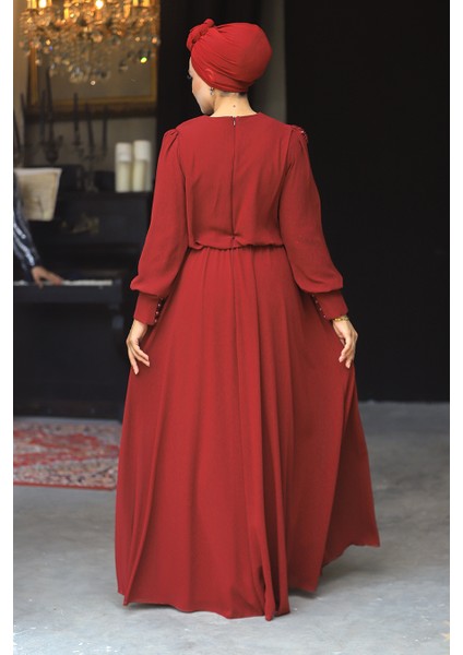 Tesettürlü Abiye Elbise - Kolları Dantelli Bordo Tesettür Abiye Elbise 54030BR modelleri