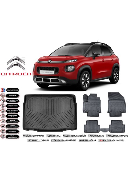 Citroen C3 Aircross 2023 Model Alt Kademe Bagaj Havuzu Araca Özel Siyah Extra Havuzlu Paspas Takımı