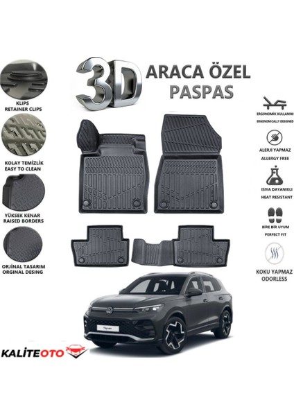 Volkswagen Tiguan 2024 Model ve Sonrası Tam Uyumlu Kokusuz 3D Havuzlu Paspas