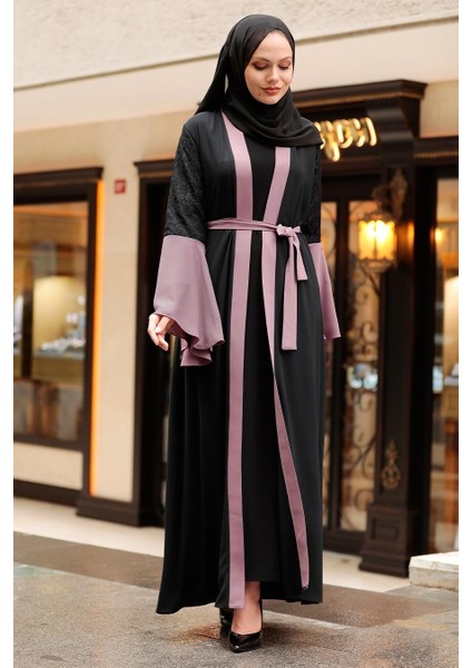 - Kolları Detaylı Açık Gül Kurusu Tesettür Abaya 55510AGK