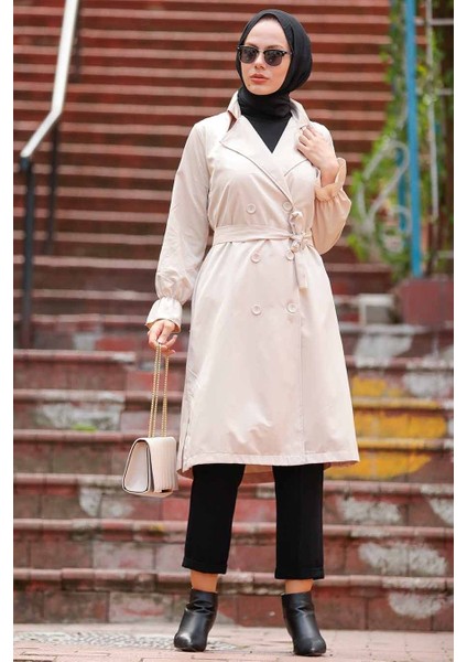 Neva Style - Düğmeli Bej Tesettür Trençkot 5836BEJ