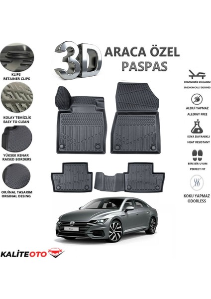 Volkswagen Arteon 2018 Model Tam Uyumlu Kokusuz 3D Havuzlu Paspas