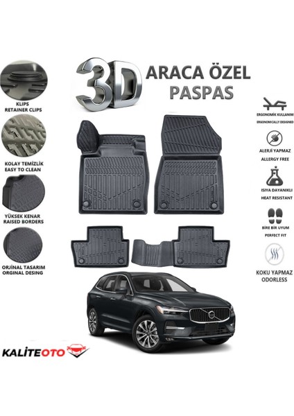 Volvo XC60 2024 Model Tam Uyumlu Kokusuz 3D Havuzlu Paspas