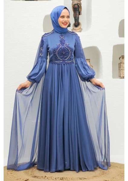Tesettürlü Abiye Elbise - Pelerinli Indigo Mavisi Tesettür Abiye Elbise 2212IM fiyatları