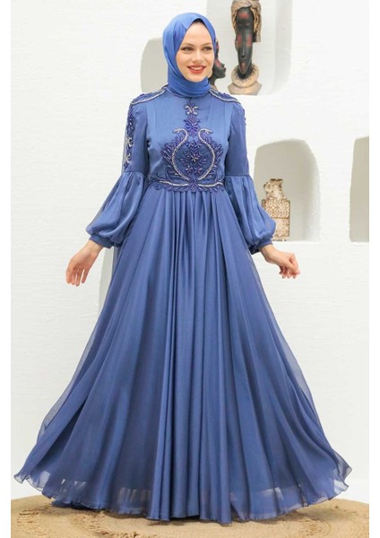 Tesettürlü Abiye Elbise - Pelerinli Indigo Mavisi Tesettür Abiye Elbise 2212IM fırsatları