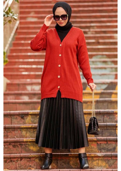 - Fitilli Kiremit Tesettür Triko Hırka 2438KRMT