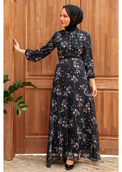 Çiçek Desenli Siyah Tesettür Elbise 279026S