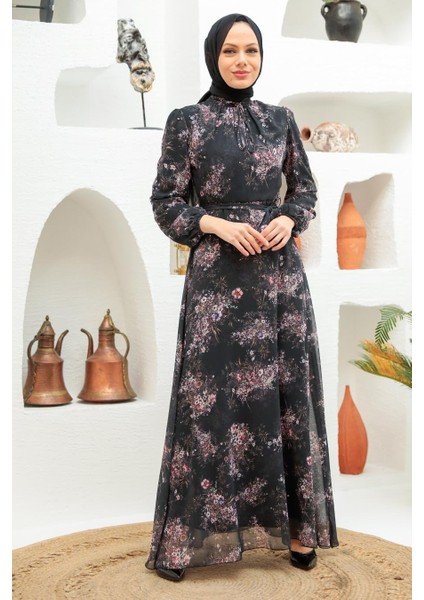 Çiçek Desenli Siyah Tesettür Elbise 279036S