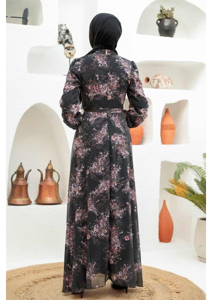 Çiçek Desenli Siyah Tesettür Elbise 279036S fiyatları