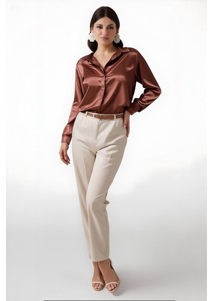 Kadın Bakır Hafif Dökümlü Saten Yüzeyli Gömlek HZL22W-BD139641 modelleri