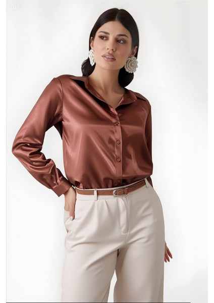 Kadın Bakır Hafif Dökümlü Saten Yüzeyli Gömlek HZL22W-BD139641