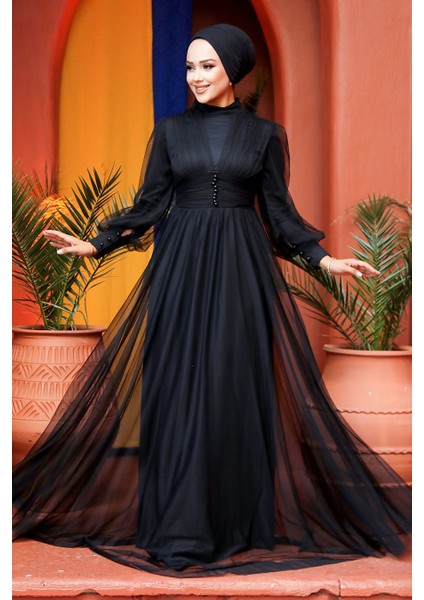 Tesettürlü Abiye Elbise - Düğme Detaylı Siyah Tesettür Abiye Elbise 5478S