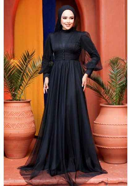 Tesettürlü Abiye Elbise - Düğme Detaylı Siyah Tesettür Abiye Elbise 5478S fiyatları