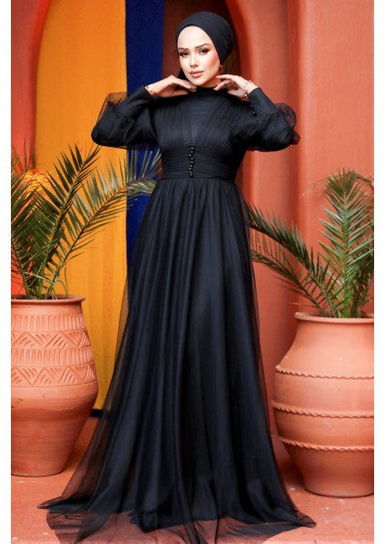 Tesettürlü Abiye Elbise - Düğme Detaylı Siyah Tesettür Abiye Elbise 5478S modelleri