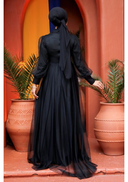 Tesettürlü Abiye Elbise - Düğme Detaylı Siyah Tesettür Abiye Elbise 5478S fırsatları