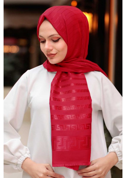 - Şerit Detaylı Bordo Tesettür Şal 45912BR