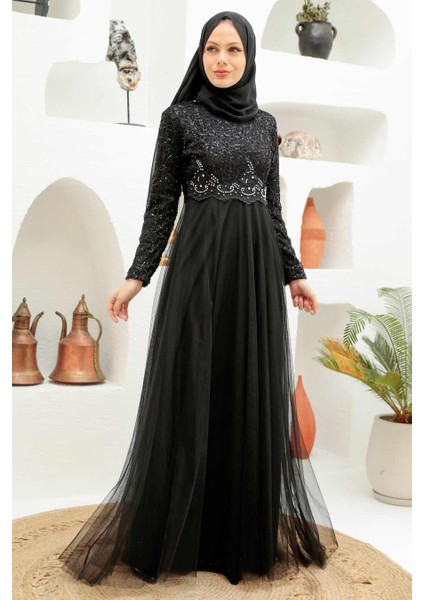 - Boncuk Işlemeli Siyah Tesettür Abiye Elbise 9160S