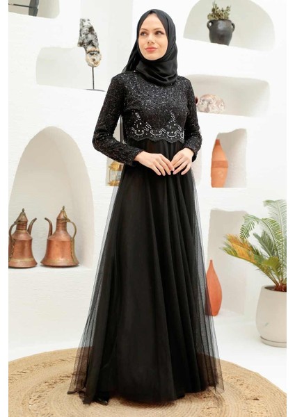 - Boncuk Işlemeli Siyah Tesettür Abiye Elbise 9160S fiyatları